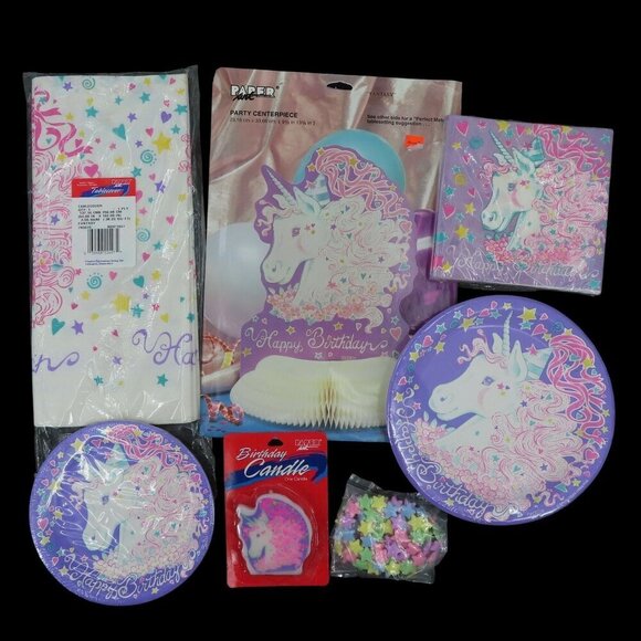 VTG Happy Birthday Purple Kawaii Mystical Unicorn Party Pack 1990s NEW Magical - Picture 1 of 15